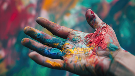 Hand covered in colorful paintの素材