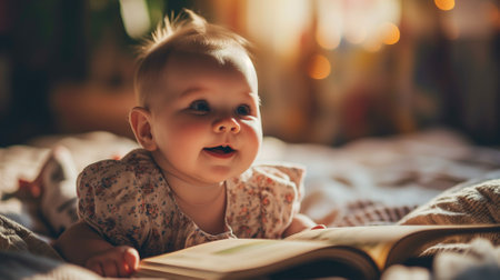 A baby lying on a bed looking at a book with a fascinated expressionの素材