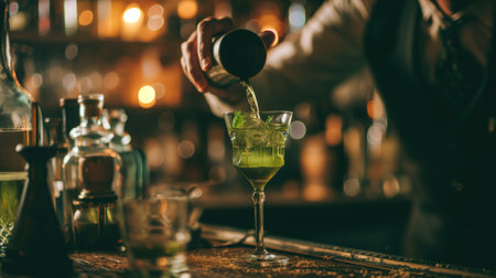 Bartender pouring a green cocktail into a fancy glass at a barの素材