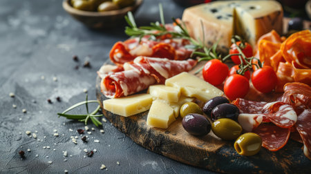 Assorted charcuterie and cheese on wooden boardの素材