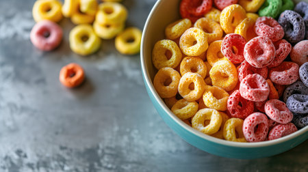 Colorful cereal rings in a bowl on a textured tableの素材