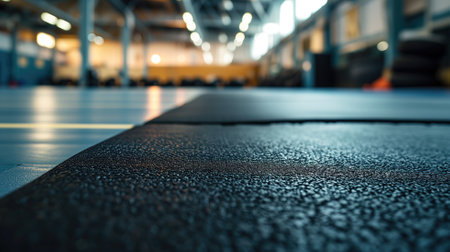 Close-up of a black tatami mat on a gym floorの素材
