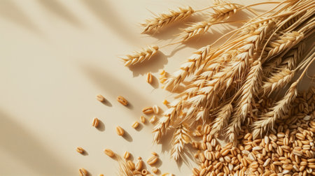 Wheat sheaves and scattered grains on a cream background with shadowsの素材