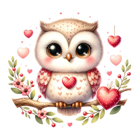 Owl with hearts, sitting on a branch with berry decorationsの素材