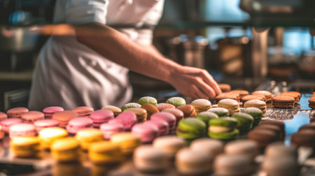 A chef arranging colorful macarons in a kitchenの素材