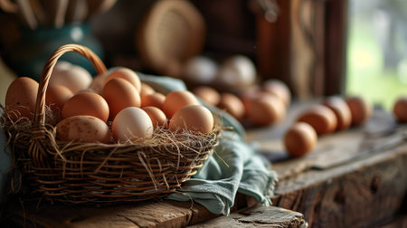 A basket of fresh eggs on a rustic wooden tableの素材