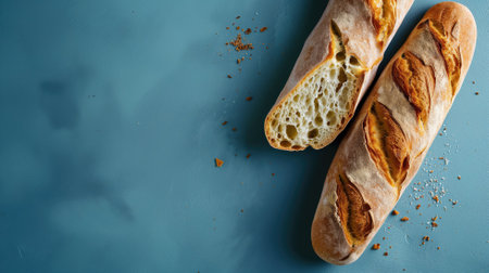 Two baguettes lying on a textured blue surfaceの素材