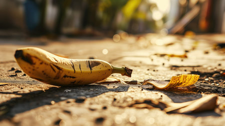 Ripe banana and peel on sunlit pavementの素材