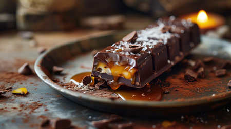 A decadent chocolate bar with caramel oozing out on a plateの素材