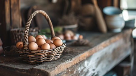 Eggs in a wicker basket on a wooden surfaceの素材