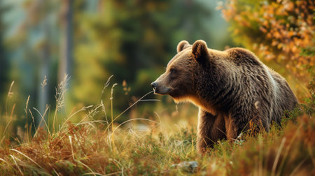 A brown bear in a forest meadow during autumnの素材