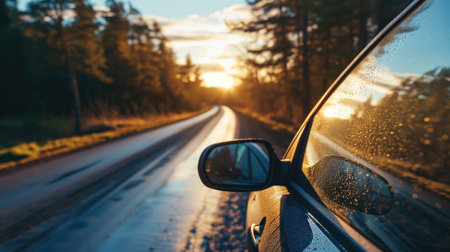 Sunset view in the side mirror of a car on a wet roadの素材