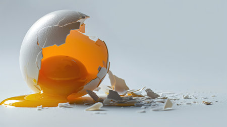 Cracked egg on white with yolk spilling outの素材