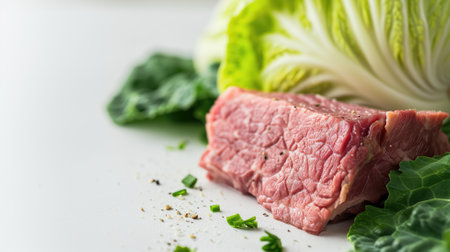 Raw steak and cabbage on a white surfaceの素材