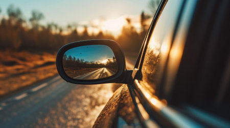 Sunset reflected in a car's side mirror on a roadの素材