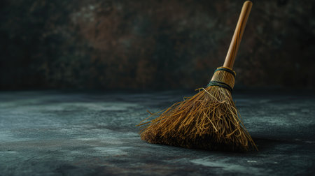 Straw broom on a dark, textured surfaceの素材