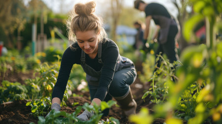 Woman gardening with man in the backgroundの素材