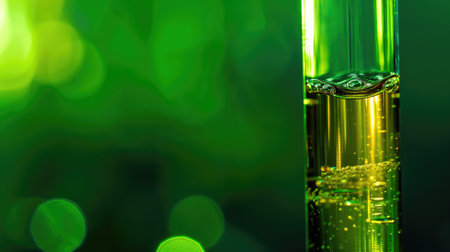 Close-up of a green vial with biodiesel, highlighting the bubbles and meniscusの素材