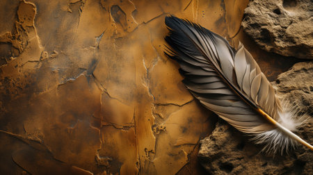 A bird feather on textured, cracked earthの素材