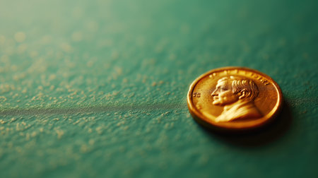 A golden coin on a textured turquoise backdrop with a spotlight effectの素材