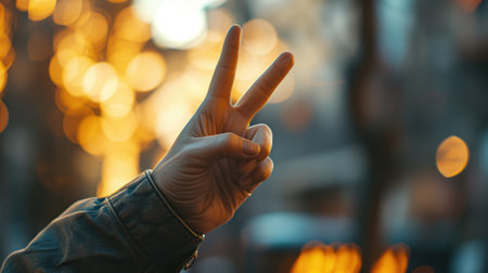 A hand making a peace sign against a bokeh light backdropの素材