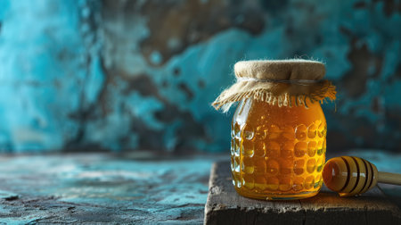 Honey jar with dipper on rustic surfaceの素材