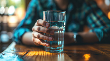 Close-up of a hand holding a glass of water on a tableの素材