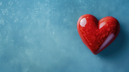 Glossy red heart on a textured turquoise background, conveying loveの素材