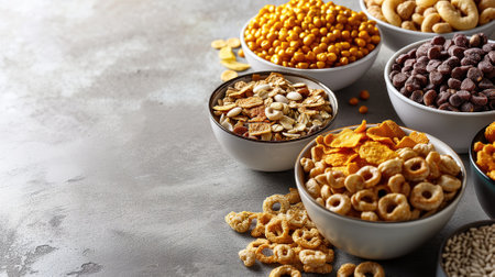 Assortment of breakfast cereals in bowlsの素材