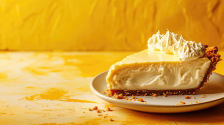 Key pie slice on a plate with a yellow backgroundの素材