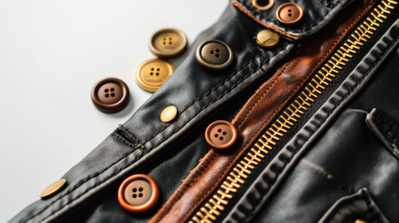 Close-up of various buttons on leather clothing with a zipperの素材