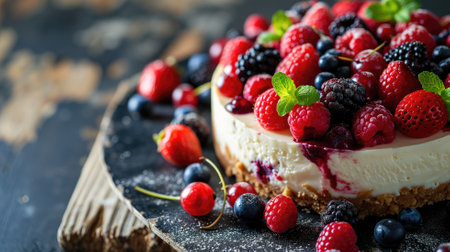 Cheesecake topped with fresh berries and mintの素材