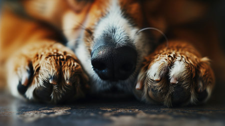 Close-up of a dog's paws and nose while lying downの素材
