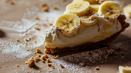 Slice of banana cream pie on a plate with crumbled toppingの素材