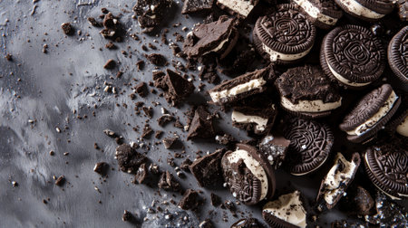 Assorted chocolate cookies scattered and brokenの素材