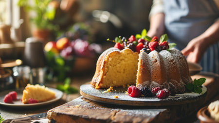 Bundt cake with berries and dusting of powdered sugarの素材