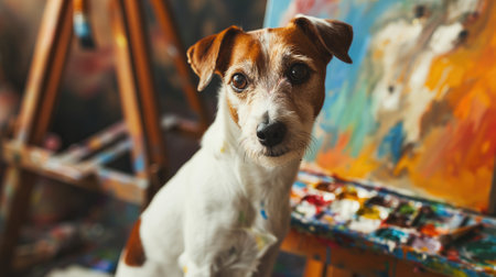 Dog in front of a colorful painting on an easelの素材