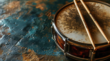 A snare drum with drumsticks on a textured backgroundの素材