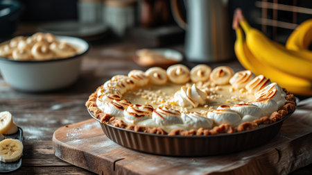Banana cream pie on a wooden boardの素材