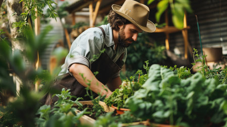Man tending plants in a greenhouseの素材