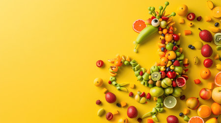 Colorful fruit composition on a bright yellow backgroundの素材
