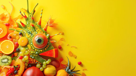 Whimsical fruit art creature on a vibrant yellow backgroundの素材
