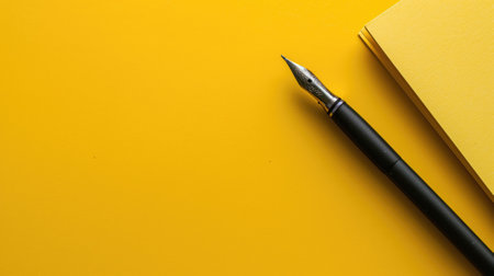 Fountain pen next to a notebook on a yellow backgroundの素材