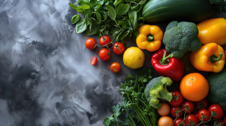 Assorted fresh vegetables on a dark, textured backgroundの素材