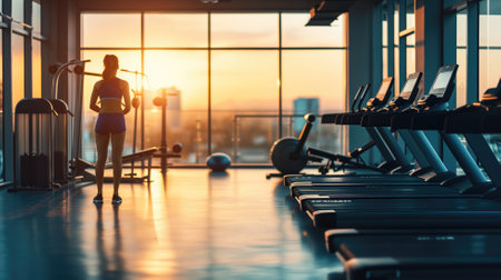 Silhouette of a person in a gym during a sunset workoutの素材