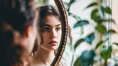 Young woman reflected in a mirror with a thoughtful expressionの素材