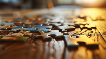 Sunlit jigsaw puzzle pieces on a wooden tableの素材