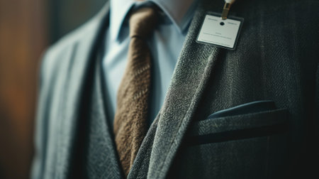 Close-up of a business suit and tie with an identification badgeの素材