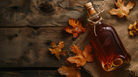 Maple syrup bottle surrounded by autumn leaves on a wooden tableの素材