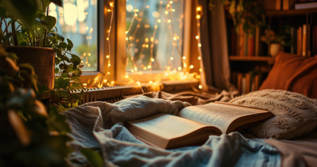 Cozy reading nook with book and fairy lights by the windowの素材